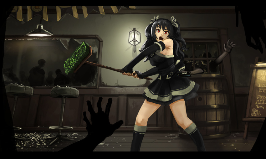 1girl bare_shoulders black_hair breasts broom fighting gloves highres long_hair neptune_(series) open_mouth red_eyes solo twintails uni_(choujigen_game_neptune)