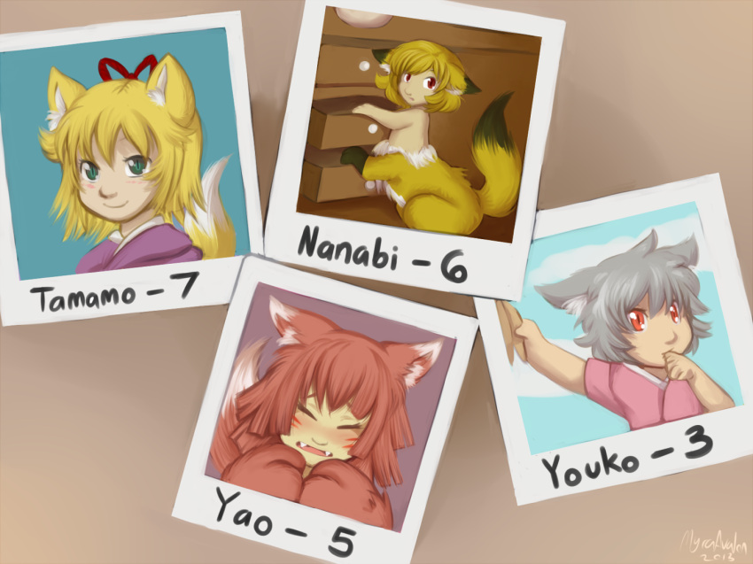 2013 4girls animal_ears artist_name blonde_hair blush centauroid character_age character_name chest_of_drawers child closed_eyes fangs fox_ears fox_tail green_eyes grey_hair holding_hands kitsune_(mon-musu_quest!) looking_at_viewer mon-musu_quest! monster_girl multiple_girls myra-avalon nanabi_(mon-musu_quest!) paws photo_(object) red_eyes redhead short_hair signature slit_pupils smile tail tamamo_(mon-musu_quest!) thumb_sucking whisker_markings yao_(mon-musu_quest!) younger