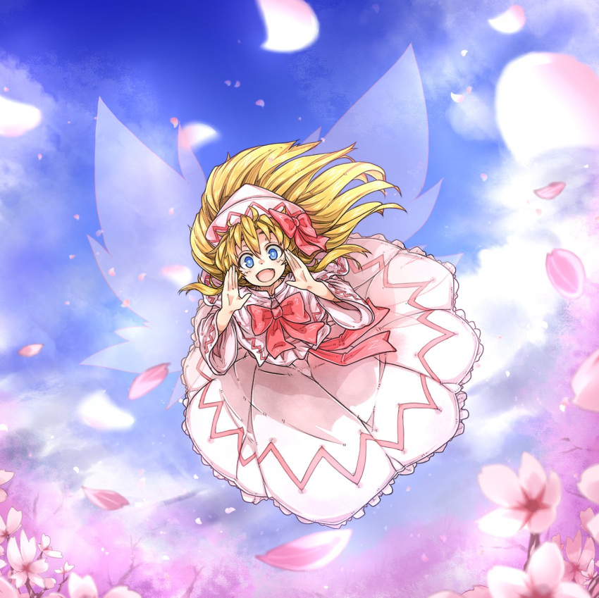 1girl :d blonde_hair blush bow bowtie cherry_blossoms day dress fairy_wings fang flower flying full_body hair_bow hat highres lily_white long_hair long_sleeves looking_at_viewer open_mouth ototobe outdoors petals red_bow red_bowtie shouting smile solo touhou white_dress wide_sleeves wings
