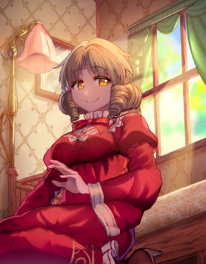 1girl bangs bed blonde_hair bow bowtie breasts brown_legwear closed_mouth curtains dress elly eyebrows eyebrows_visible_through_hair frame frills from_below from_side hat high_heels highres indoors kanou_(natsuno0223) lamp light_particles long_sleeves looking_at_viewer medium_breasts no_hat no_headwear pantyhose parted_bangs puffy_sleeves red_bow red_bowtie red_dress ringlets seiza short_hair sitting smile solo sunlight touhou touhou_(pc-98) wall wallpaper_(object) wide_sleeves window yellow_eyes
