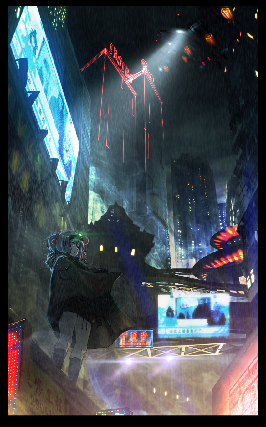1girl aircraft airplane assault_rifle blurry border bow cape city city_lights cyberpunk dark goggles goggles_on_head gun hair_bow highres night night_vision_device oota_youjo original ponytail purple_hair rain rifle science_fiction searchlight sign solo violet_eyes weapon