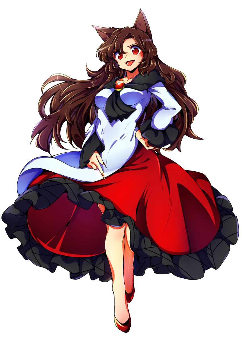 &gt;:d 1girl :d absurdres animal_ears baba_(baba_seimaijo) breasts brooch brown_hair fingernails frilled_skirt frilled_sleeves frills full_body hand_on_hip highres imaizumi_kagerou jewelry long_fingernails long_hair long_skirt long_sleeves looking_at_viewer nail_polish open_mouth red_eyes red_nails red_shoes red_skirt sharp_fingernails shirt shoes skirt small_breasts smile solo standing tachi-e tongue tongue_out touhou white_background white_shirt wolf_ears wolf_girl