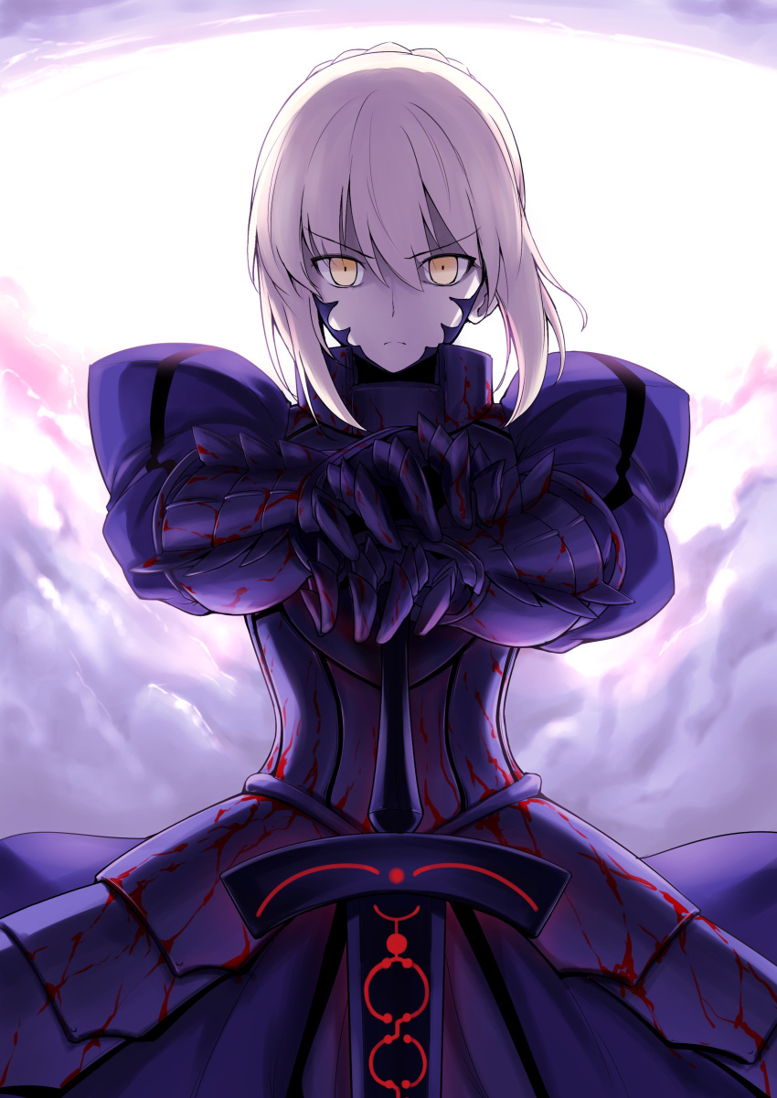 &gt;:( 1girl absurdres ambiguous_red_liquid armor armored_dress closed_mouth cowboy_shot fate/grand_order fate/stay_night fate_(series) gauntlets harukon_(halcon) highres looking_at_viewer pale_skin pauldrons planted_sword planted_weapon saber saber_alter serious solo sword weapon white_hair yellow_eyes
