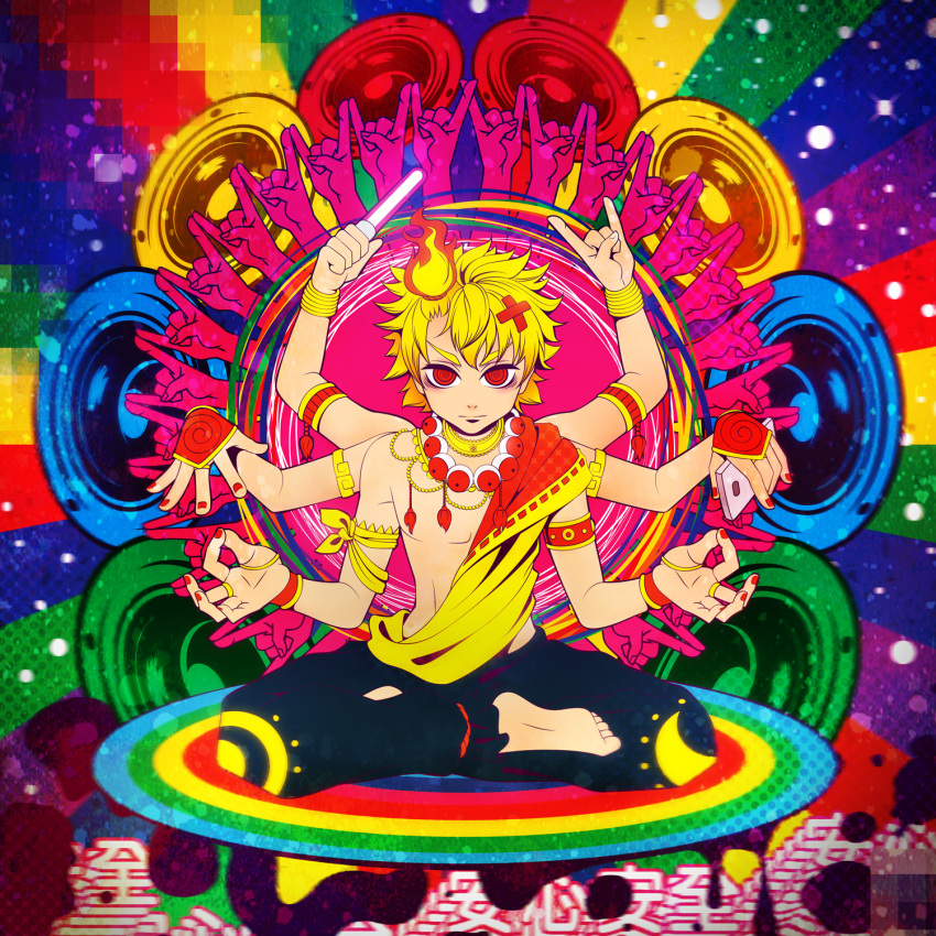 1boy \m/ amplifier armlet blonde_hair bracer catwhathk cellphone dappou_rock_(vocaloid) extra_arms eyeball fire glowstick hair_ornament highres indian_style jewelry kagamine_len male_focus multiple_arms nail_polish necklace phone pixelated rainbow red_eyes red_nails ring sash shirtless sitting smartphone solo vocaloid x_hair_ornament