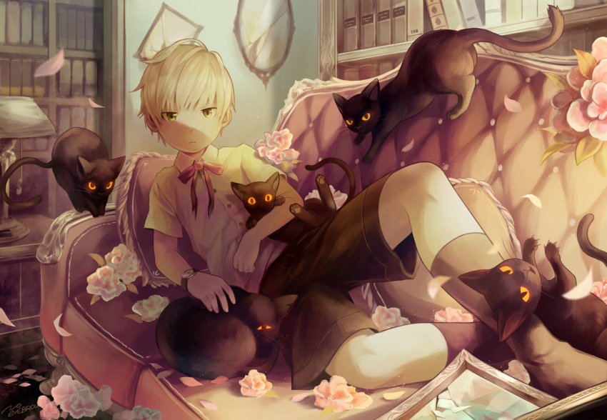 1boy artist_name black_cat book bookshelf cat flower indoors lamp looking_at_viewer lying male_focus mirror no_shoes noeyebrow_(mauve) on_side original pillow short_hair shorts socks solo watch watch