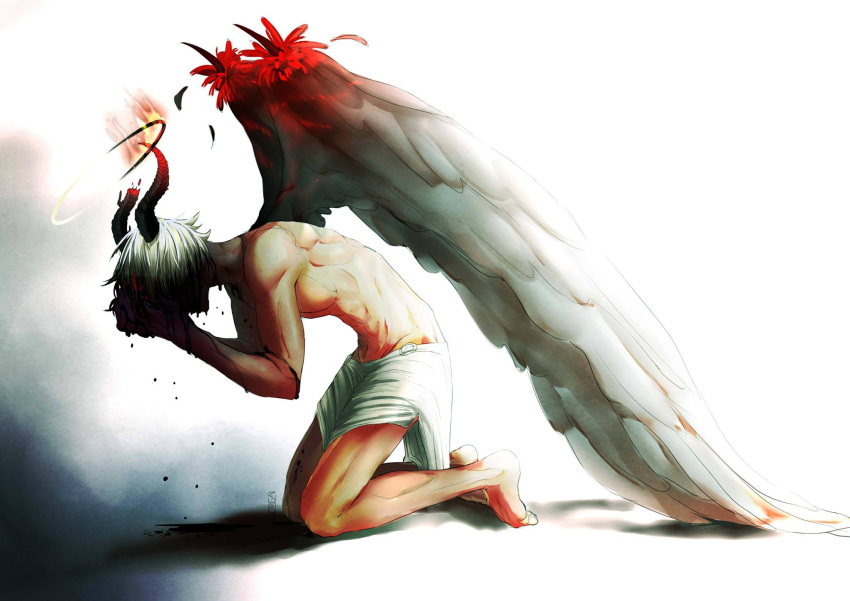 1boy angel angel_wings blood bloody_tears broken_horn demon_horns dreamy94 edgy full_body halo hands_on_own_face highres horns kneeling loincloth muscle original shaded_face shirtless silver_hair solo transforming wings