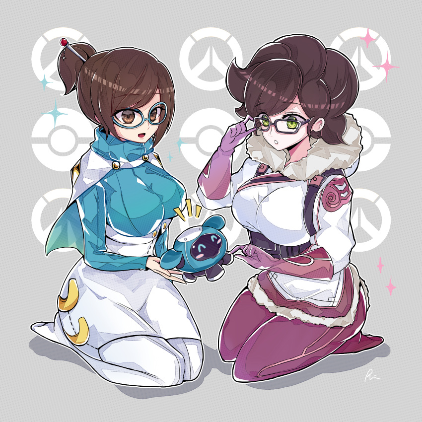 2girls adjusting_glasses breasts brown_eyes brown_hair capelet cosplay costume_switch crossover fur_trim glasses gloves green_eyes hair_bun hair_ornament hairpin highres large_breasts mei_(overwatch) mei_(overwatch)_(cosplay) multiple_girls overwatch pokemon pokemon_(game) pokemon_sm rinrin_(hiouurin) robot seiza short_hair sitting snowball_(overwatch) turtleneck wicke_(pokemon) wicke_(pokemon)_(cosplay) winter_clothes