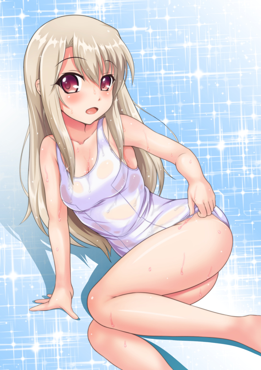 1girl blue_background breasts brown_hair cleavage fate/kaleid_liner_prisma_illya fate_(series) highres illyasviel_von_einzbern kishimen legs long_hair one-piece_swimsuit open_mouth red_eyes school_swimsuit see-through solo swimsuit wet white_school_swimsuit white_swimsuit