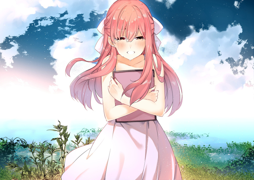 1girl bare_shoulders blush bow brown_eyes clouds cloudy_sky crying dress hair_bow happy_tears highres hug jun_project long_hair pink_hair plant shelter_(music_video) sky sleeveless solo streaming_tears tablet_pc tears