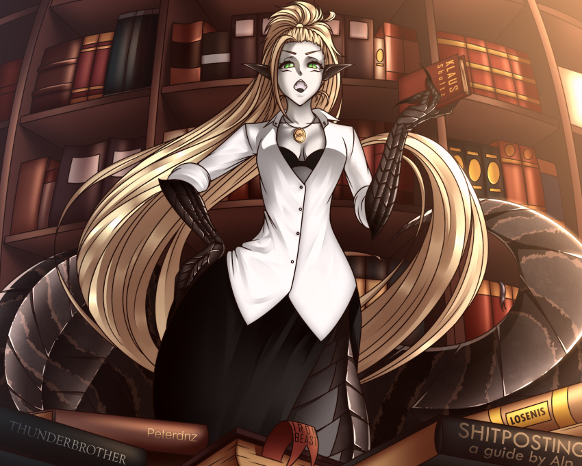 &gt;:o 1girl :o black_bra black_skirt blonde_hair book bookmark bookshelf bra breasts claws cleavage dress_shirt english facial_mark fangs green_eyes hand_on_hip highres holding holding_book jewelry lamia loen-lapae long_hair looking_at_viewer monster_girl open_mouth original paws pendant pointy_ears ponytail scales shirt side_slit skirt sleeves_rolled_up slit_pupils solo underwear very_long_hair white_shirt white_skin
