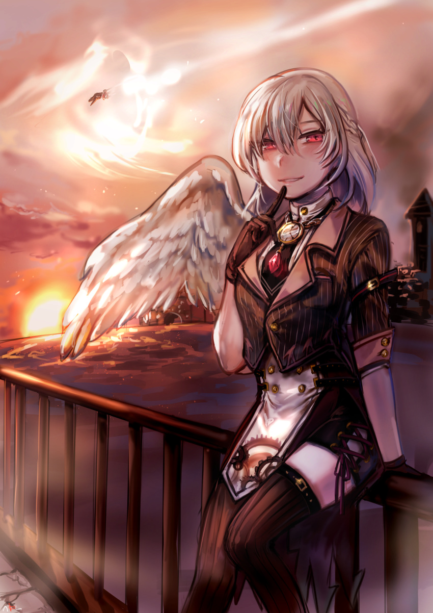 1girl absurdres alternate_costume angel_wings belt black_gloves black_legwear braid breast_pocket buttons clouds crown_braid dress feathered_wings finger_to_mouth gloves grey_hair grey_wings hair_between_eyes highres jacket jewelry kishin_sagume looking_at_viewer necklace ocean parted_lips pocket_watch red_eyes short_hair short_sleeves single_wing sitting sitting_on_fence sky smile solo sun sunset thigh-highs tis_(shan0x0shan) touhou watch water wings zettai_ryouiki