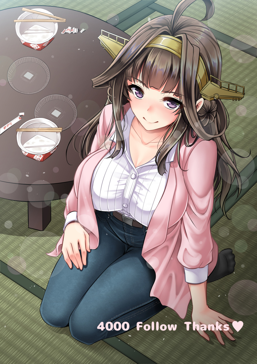 1girl absurdres ahoge bangs belt black_legwear blunt_bangs blush breasts brown_hair buttons casual chopsticks closed_mouth collarbone denim from_above full_body headgear heart highres indoors jacket jeans kantai_collection kongou_(kantai_collection) large_breasts light_particles long_hair long_sleeves looking_at_viewer looking_up open_clothes open_jacket pants perspective pink_jacket ramen seiza shirt sidelocks sitting smile socks striped table tatami thank_you vertical_stripes violet_eyes white_shirt youshuu