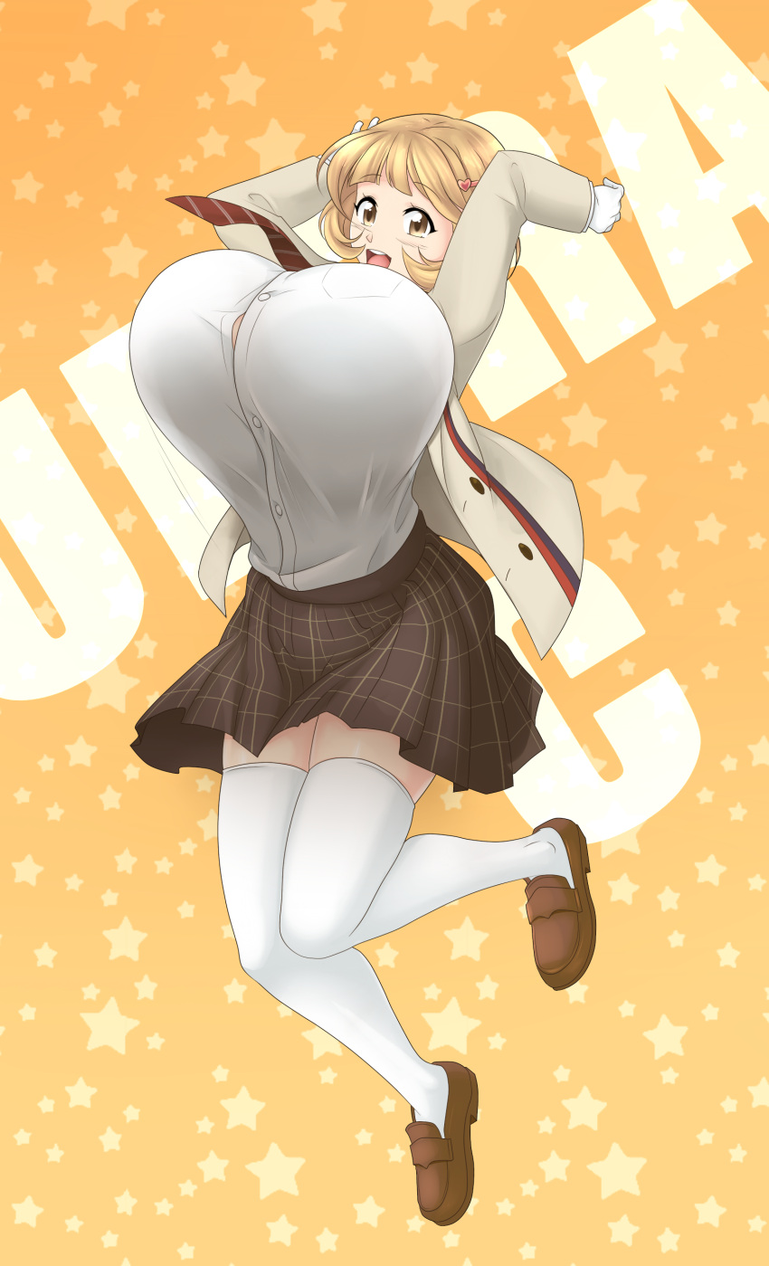 1girl absurdres arms_up bouncing_breasts breasts brown_eyes brown_hair commentary_request gloves hair_ornament hairclip heart_hair_ornament highres huge_breasts jumping looking_at_viewer midair narusawa_ryouka occultic;nine plaid plaid_skirt round_teeth saburox shoes short_hair skirt smile solo teeth thighs white_gloves white_legwear