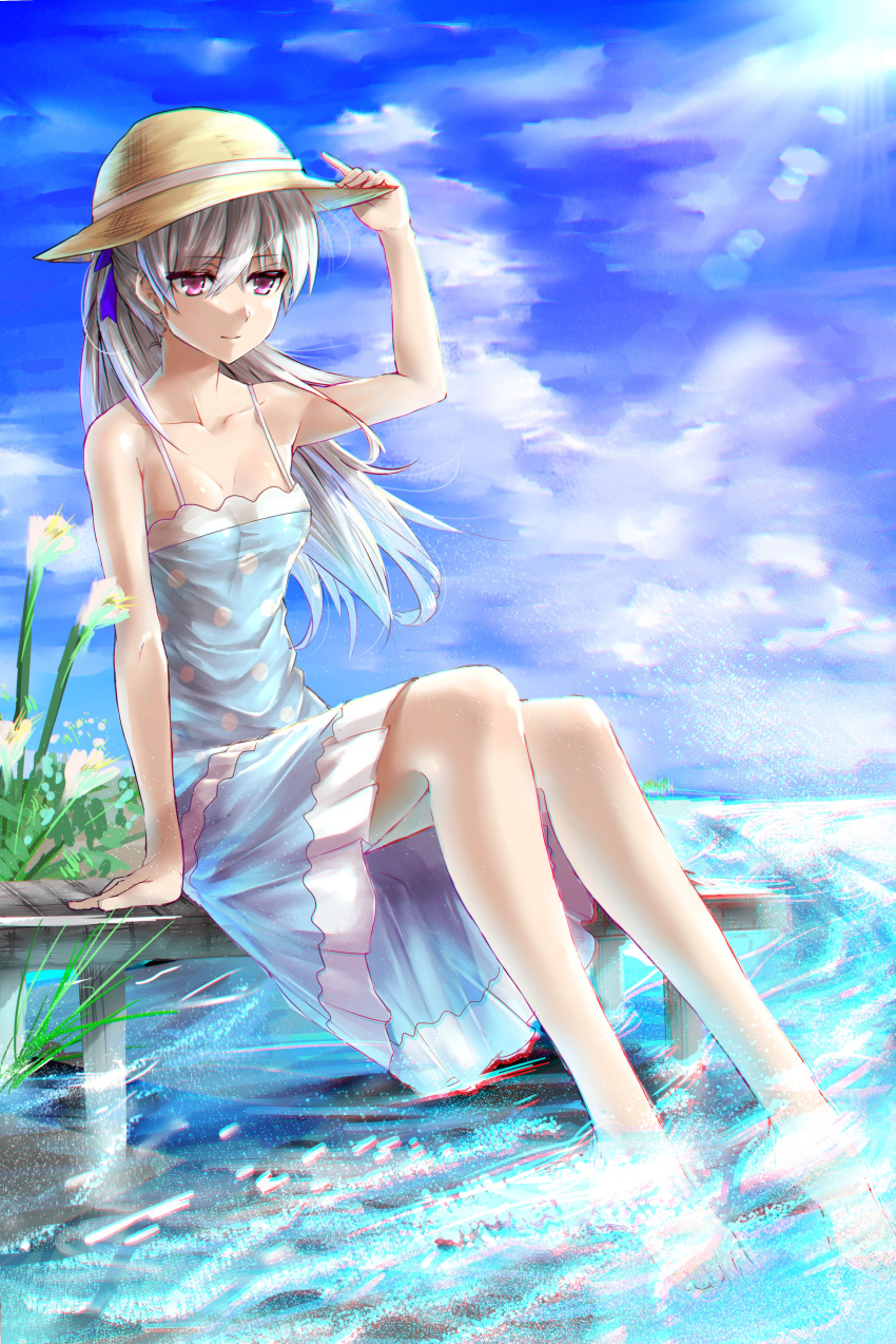 1girl absurdres barefoot blue_dress breasts cleavage collarbone deluxe&lt;&lt;&lt; dress hat highres holding holding_hat long_hair outdoors silver_hair sky solo straw_hat sundress violet_eyes water