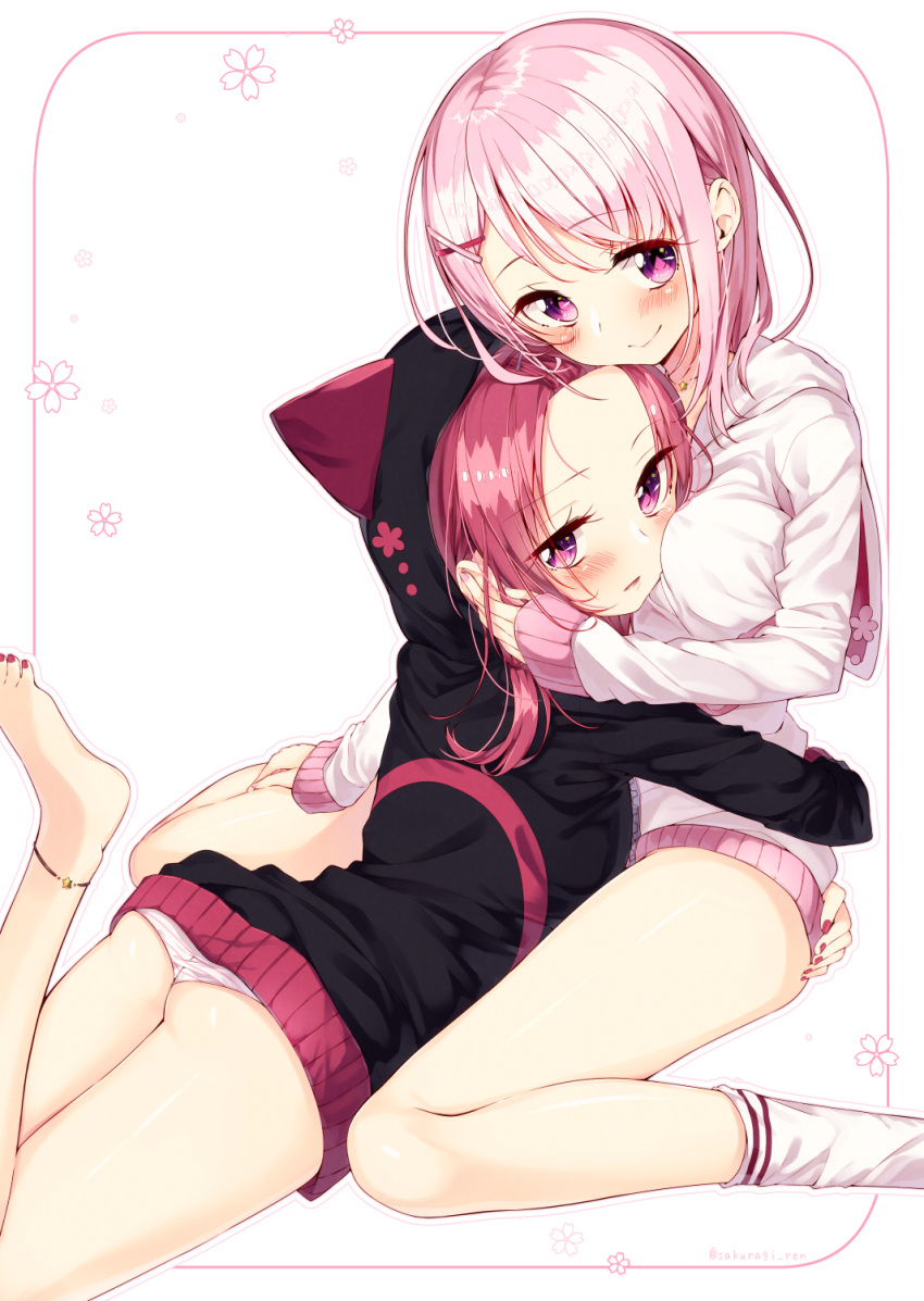 2girls :&gt; animal_hood anklet arm_around_waist ass barefoot between_breasts blush closed_mouth cover cover_page doujin_cover english eyebrows eyebrows_visible_through_hair hair_ornament hand_on_another's_cheek hand_on_another's_face head_between_breasts head_tilt highres hood hoodie hug jewelry kneehighs leg_up long_hair lying multiple_girls mutual_hug nail_polish no_pants number on_stomach original panties pantyshot pantyshot_(lying) parted_lips pink pink_eyes pink_hair pink_nails sakuragi_ren short_hair sitting sleeves_past_wrists star_necklace striped striped_panties toenail_polish underwear wariza white_background white_legwear x_hair_ornament yuri