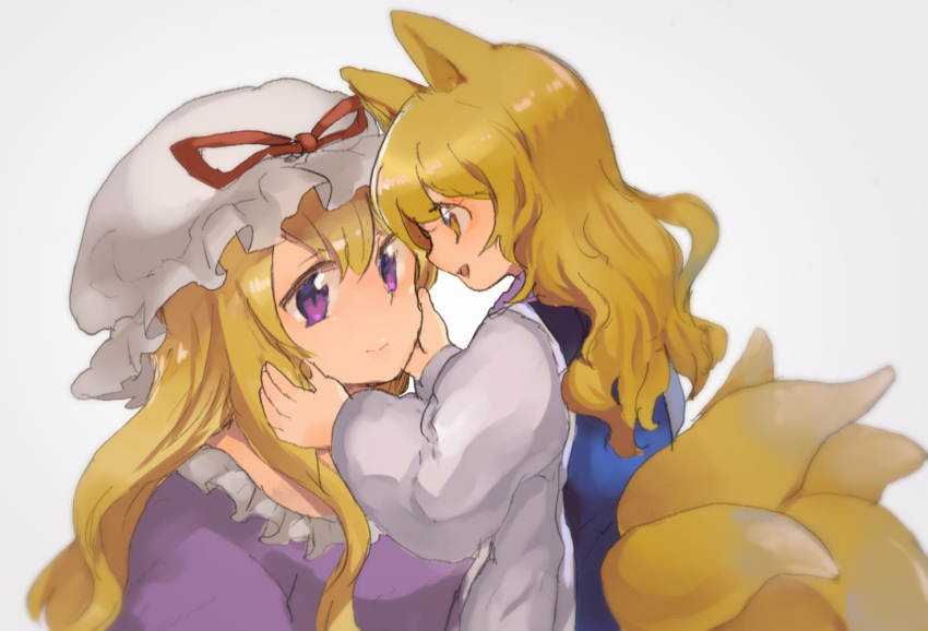 2girls animal_ears bangs blurry blush dress eye_contact fox_ears fox_tail hands_on_another's_face hat hat_ribbon long_hair long_sleeves looking_at_another mob_cap mother_and_daughter multiple_girls multiple_tails open_mouth purple_dress ribbon shiny shiny_hair shukinuko sidelocks smile tabard tail touhou violet_eyes white_dress yakumo_ran yakumo_yukari yellow_eyes younger