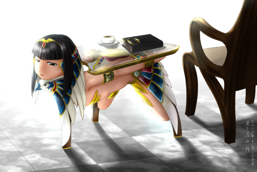 1girl bdsm black_hair book egyptian forniphilia human_furniture masafumi original parted_lips restrained stationary_restraints table