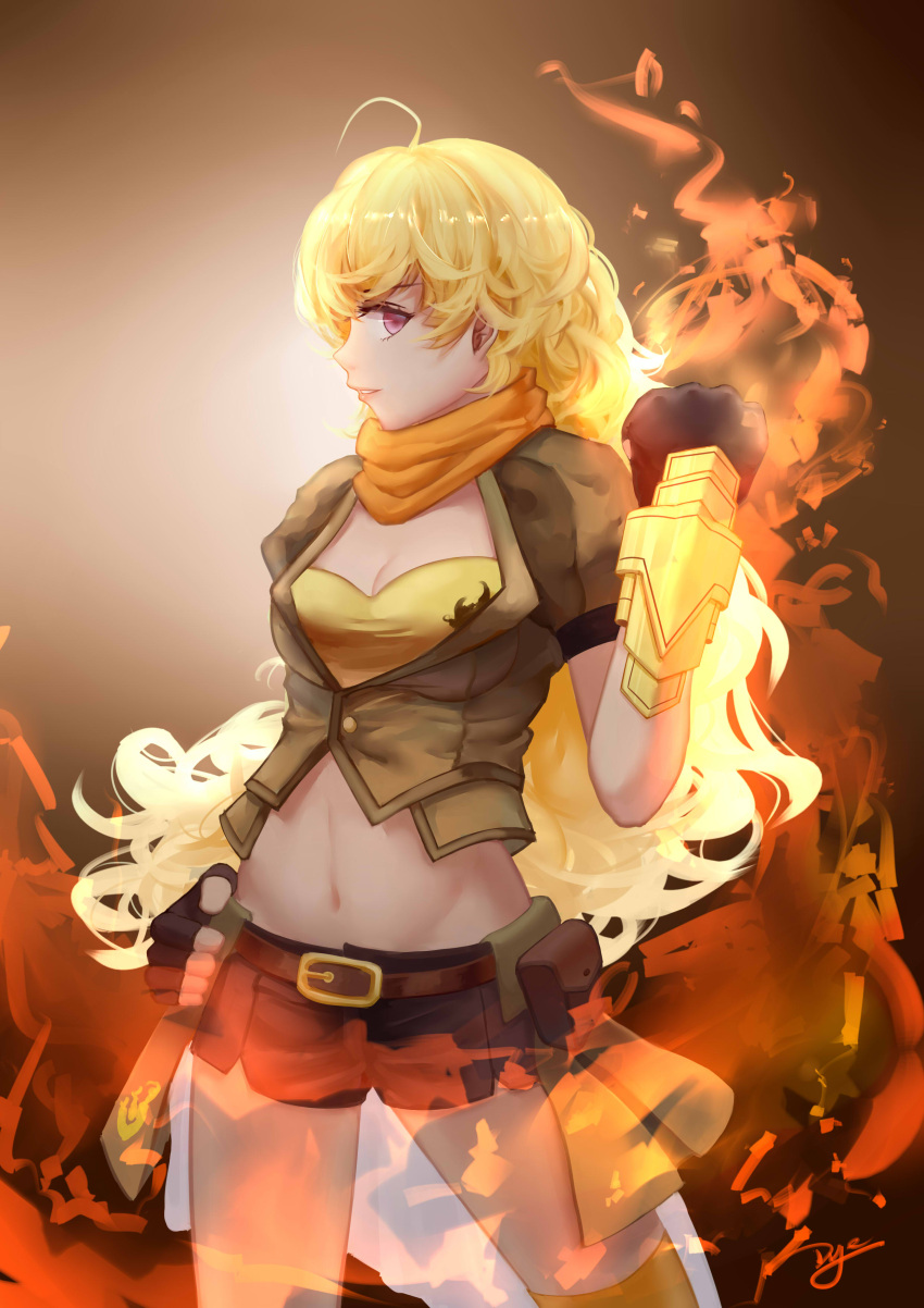 big_breasts black_eyes blonde_hair blush gloves long_hair rwby scarf yang_xiao_long