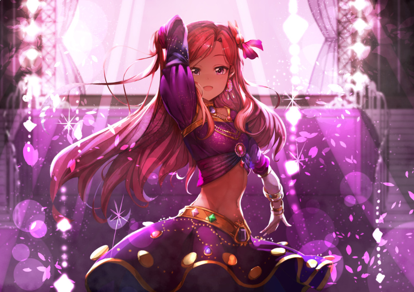 1girl aikatsu! aikatsu_stars! arabian_clothes arm_behind_head arm_up bracelet character_request commentary_request cowboy_shot crop_top curtains earrings gem hair_ornament hair_ribbon jewelry koruse lens_flare long_hair long_sleeves looking_at_viewer midriff navel necklace open_mouth outstretched_arm petals pink_ribbon purple_shirt purple_skirt red_eyes redhead ribbon shirt skirt smile solo sparkle stage stage_lights stairs