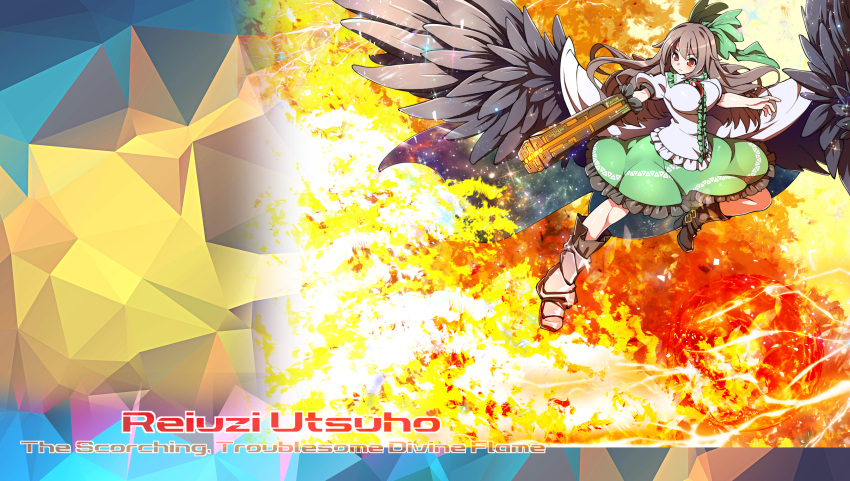 1girl arm_cannon armor armored_boots bird_wings black_hair black_wings blush boots bow breasts character_name closed_mouth dress_shirt explosion feathered_wings fire frilled_shirt frilled_shirt_collar frilled_skirt frills full_body green_bow green_skirt hair_bow highres large_breasts long_hair puffy_short_sleeves puffy_sleeves red_eyes reiuji_utsuho shirt short_sleeves skirt solo third_eye touhou umigarasu_(kitsune1963) weapon white_shirt wings