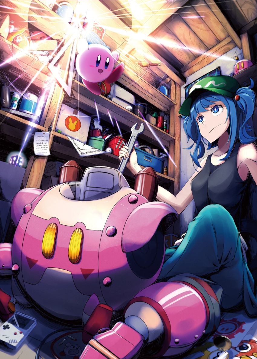 1girl armpits bare_arms bare_shoulders black_shirt black_shoes blue_eyes blue_hair bomb boots breasts collarbone drawing floating from_below game_boy hair_bobbles hair_ornament handheld_game_console highres indoors kappa kawashiro_nitori kirby kirby_(series) lens_flare light light_rays long_hair looking_at_another medium_breasts monokero perspective robot robot_joints rubber_boots shelf shirt shoes sitting skull_print smile sword tank_top tools touhou twintails two_side_up weapon wooden_wall wrench