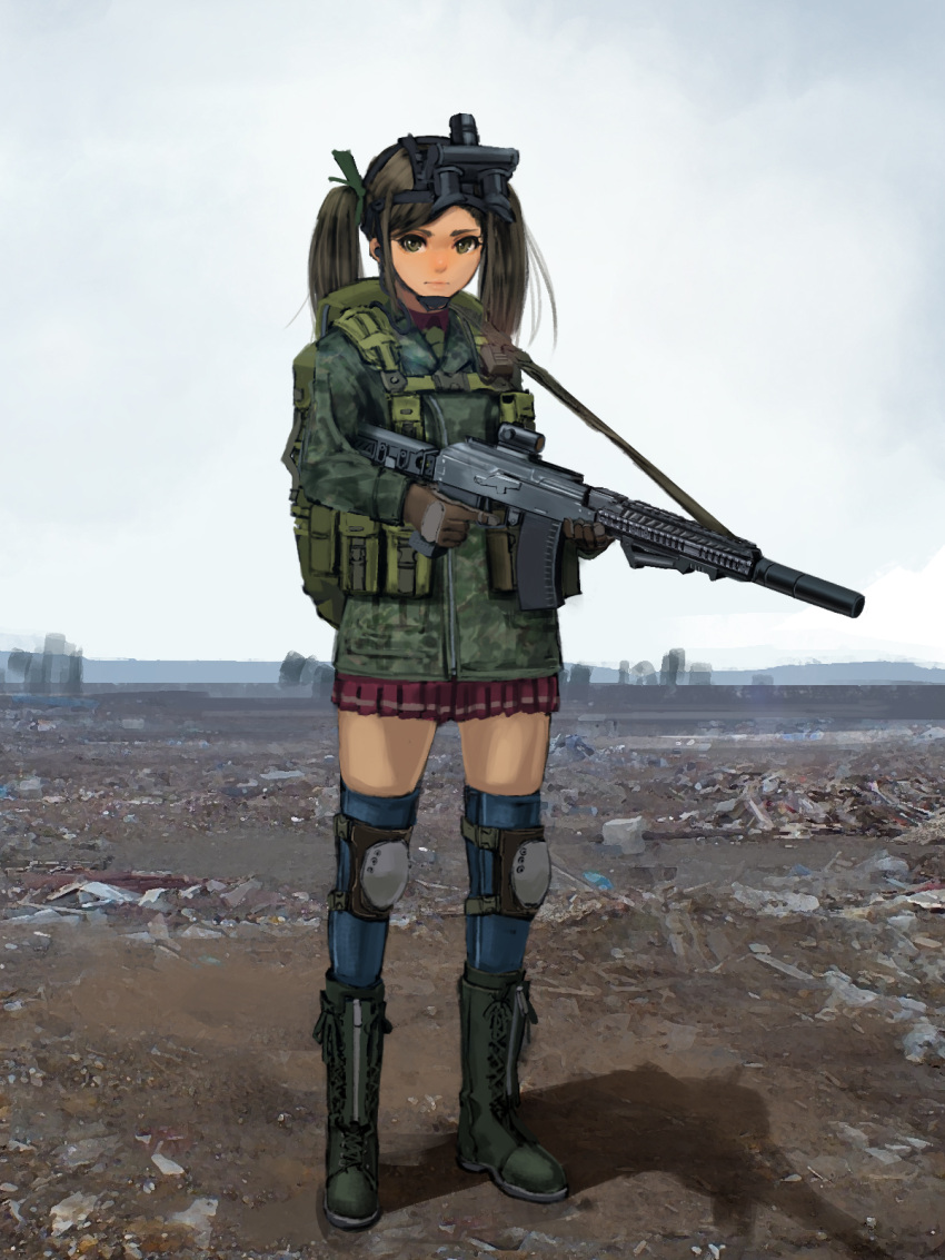 1girl ammunition_pouch assault_rifle backpack bag blurry boots brown_eyes brown_hair cross-laced_footwear depth_of_field desert gloves goggles goggles_on_head gun hair_ribbon hettsuaa highres horizon knee_pads lace-up_boots load_bearing_equipment looking_at_viewer military original pleated_skirt ribbon rifle serious shadow sketch skirt sky sling solo thigh-highs trigger_discipline twintails weapon
