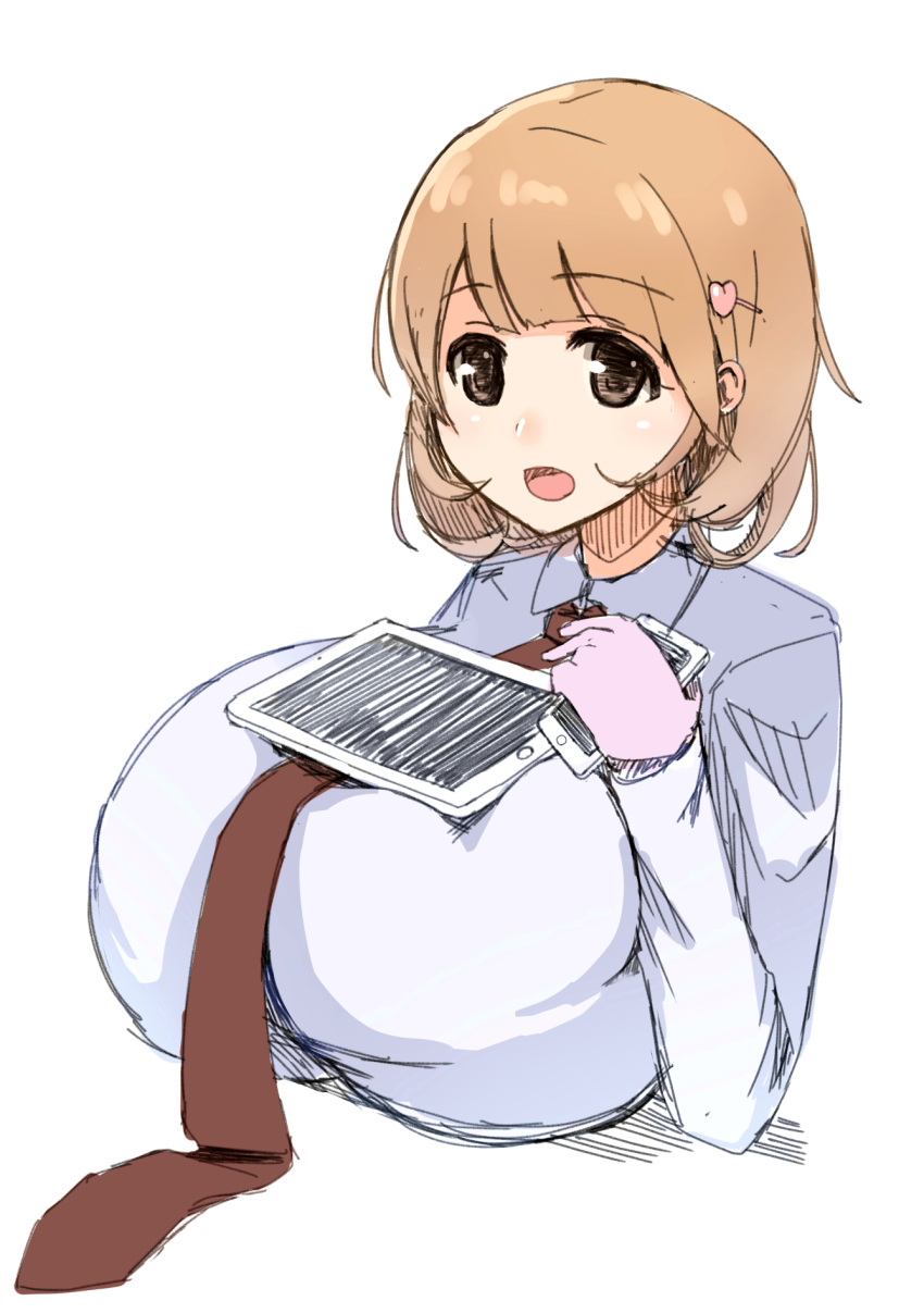1girl breasts brown_eyes brown_hair cellphone gloves hair_ornament hairclip heart_hair_ornament highres huge_breasts looking_at_viewer narusawa_ryouka necktie occultic;nine phone short_hair simple_background sketch smartphone smile solo tablet tawawa_challenge white_background
