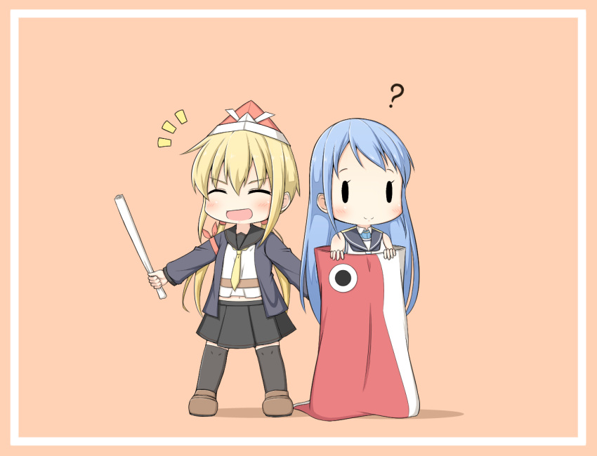 &gt;:d :d ? armband bangs black_legwear black_serafuku blonde_hair blush commentary dress goma_(yoku_yatta_hou_jane) jacket kantai_collection koinobori long_hair low_twintails mary_janes navel necktie open_clothes open_jacket open_mouth paper_hat pleated_skirt samidare_(kantai_collection) satsuki_(kantai_collection) school_uniform serafuku shoes sidelocks simple_background skirt sleeveless sleeveless_dress smile solid_oval_eyes swept_bangs thigh-highs twintails very_long_hair