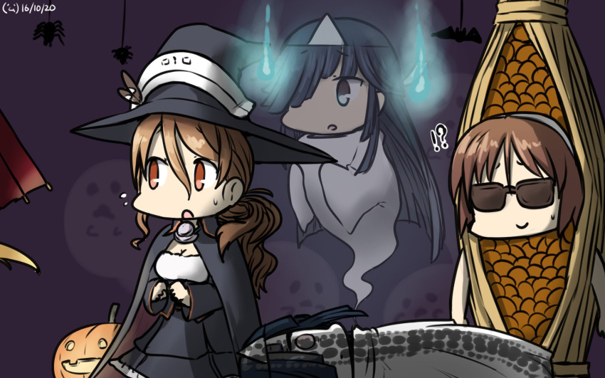 !? 3girls black_hair brown_hair cape commentary dated flying_sweatdrops ghost giving_up_the_ghost hair_over_one_eye halloween hamu_koutarou hat hayashimo_(kantai_collection) highres jack-o'-lantern kantai_collection littorio_(kantai_collection) long_hair multiple_girls natori_(kantai_collection) nattou_costume open_mouth sunglasses sweat triangular_headpiece very_long_hair witch_hat