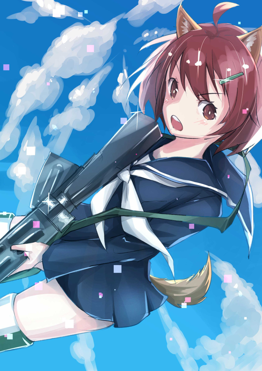 1girl absurdres ahoge animal_ears blush brave_witches brown_eyes brown_hair clouds cloudy_sky commentary_request flying hair_ornament hairclip highres holding holding_weapon karibuchi_hikari military open_mouth ribbon school_uniform serafuku short_hair sky solo sparkle squirrel_ears squirrel_tail striker_unit tail umikawatagayasu uniform weapon white_ribbon world_witches_series