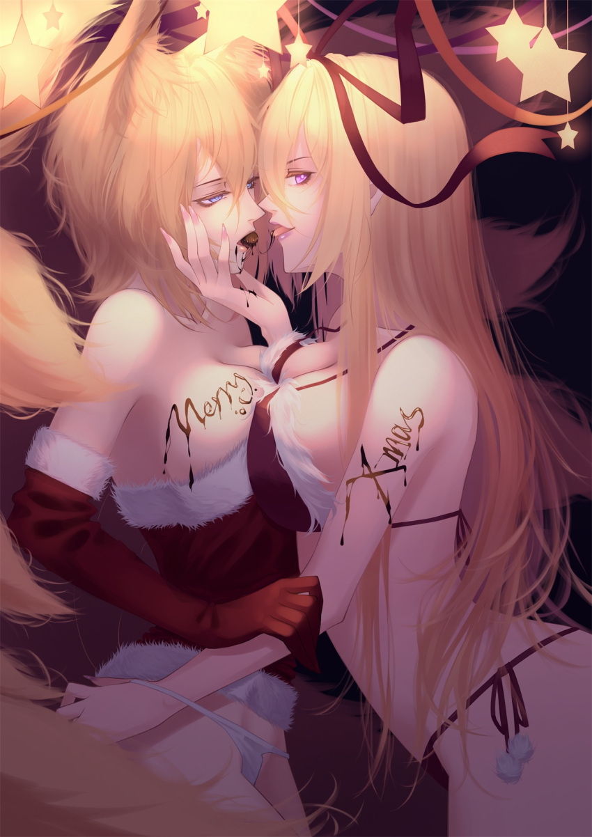 2girls animal_ears bangs bare_shoulders bikini blonde_hair blue_eyes body_writing bra breast_press breasts chocolate christmas cleavage collarbone cowboy_shot elbow_gloves fingernails food_in_mouth fox_ears fox_tail from_side gloves hair_between_eyes hair_ribbon hand_under_clothes highres kyuubi large_breasts lips lipstick long_hair looking_at_another looking_at_viewer makeup merry_christmas mouth_hold multiple_girls multiple_tails nail_polish no_pants open_mouth panties pink_nails profile red-d red_bra red_gloves red_panties red_ribbon ribbon santa_costume shared_food sharp_fingernails short_hair side_glance star strap_gap strapless string string_panties swimsuit symmetrical_docking tail tongue tongue_out touhou underwear underwear_only violet_eyes white_bikini yakumo_ran yakumo_yukari yuri