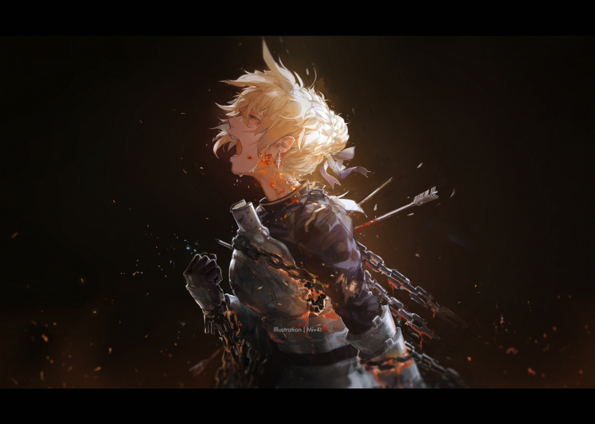 1girl ahoge arm_at_side armor armored_dress arrow artist_name belt black_gloves blonde_hair blood blue_ribbon blurry braid breastplate broken broken_chain burning chain clenched_hand commentary cross cross_earrings crying depth_of_field earrings fate_(series) from_side gloves hair_bun hair_ribbon half-closed_eyes highres injury jewelry letterboxed messy_hair mivit open_mouth profile restrained ribbon roaring saber scales shards solo stabbed tears torn_clothes upper_body vambraces