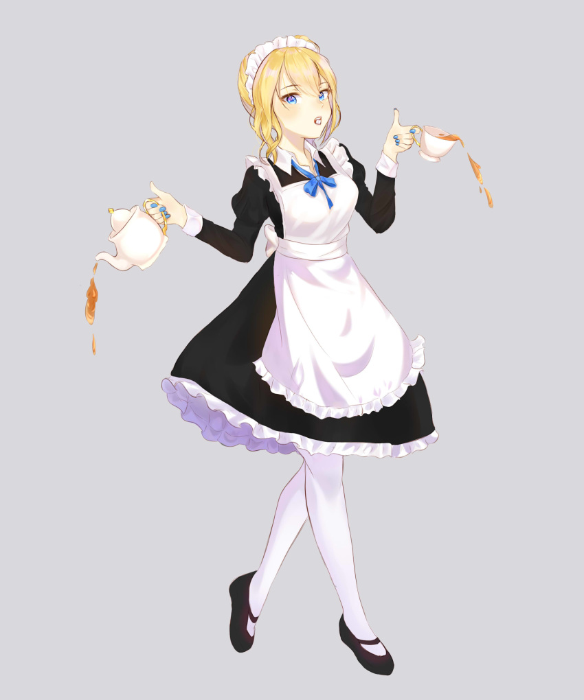 1girl absurdres adapted_costume alternate_costume apron black_dress blonde_hair blue_eyes blue_nails blue_ribbon cup dress enmaided fingernails frilled_dress frills grey_background hayasaka_ai highres kaguya-sama_wa_kokurasetai_~tensai-tachi_no_renai_zunousen~ long_hair long_sleeves looking_at_viewer maid mary_janes nail_polish open_collar pantyhose ribbon shoes sidelocks silvee simple_background solo spilling sugar_cube tea teacup teapot tongue tongue_out tsurime walking white_legwear