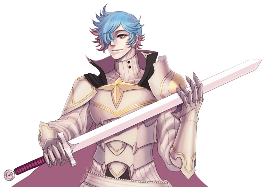 1boy armor artist_name blue_hair cape fire_emblem fire_emblem_if genderswap genderswap_(ftm) gloves hair_over_one_eye kukimoki male multicolored_hair pieri_(fire_emblem_if) pink_eyes pink_hair simple_background solo sword two-tone_hair upper_body weapon white_background