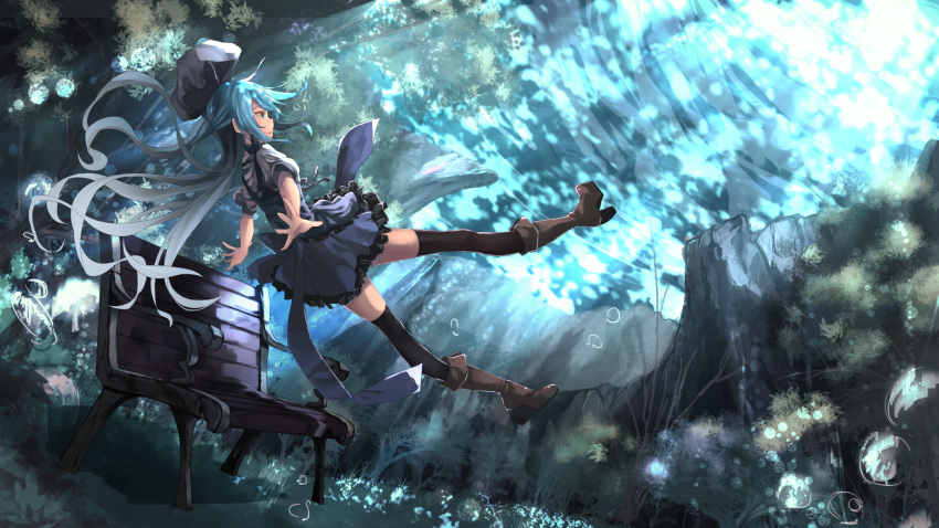 1girl bench black_legwear blue blue_eyes blue_hair boots bow bubble commentary dress dutch_angle floating_hair frilled_dress frills hair_bow high_heels highres light_rays long_hair original outstretched_arms saraki scenery smile sunlight surreal thigh-highs tree underwater