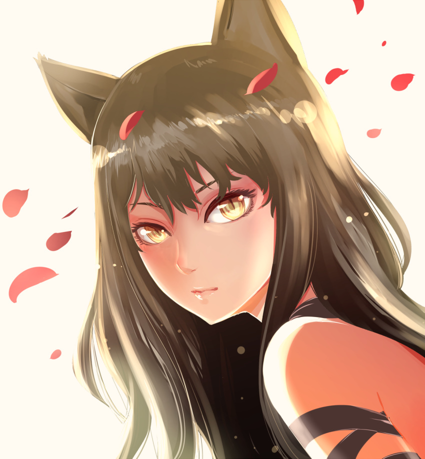 1girl animal_ears arm_ribbon bangs black_hair blake_belladonna bow cat_ears cat_girl closed_mouth eyelashes from_side h-y-d highres light_particles lips long_hair looking_at_viewer petals portrait ribbon rwby slit_pupils solo spoilers yellow_eyes