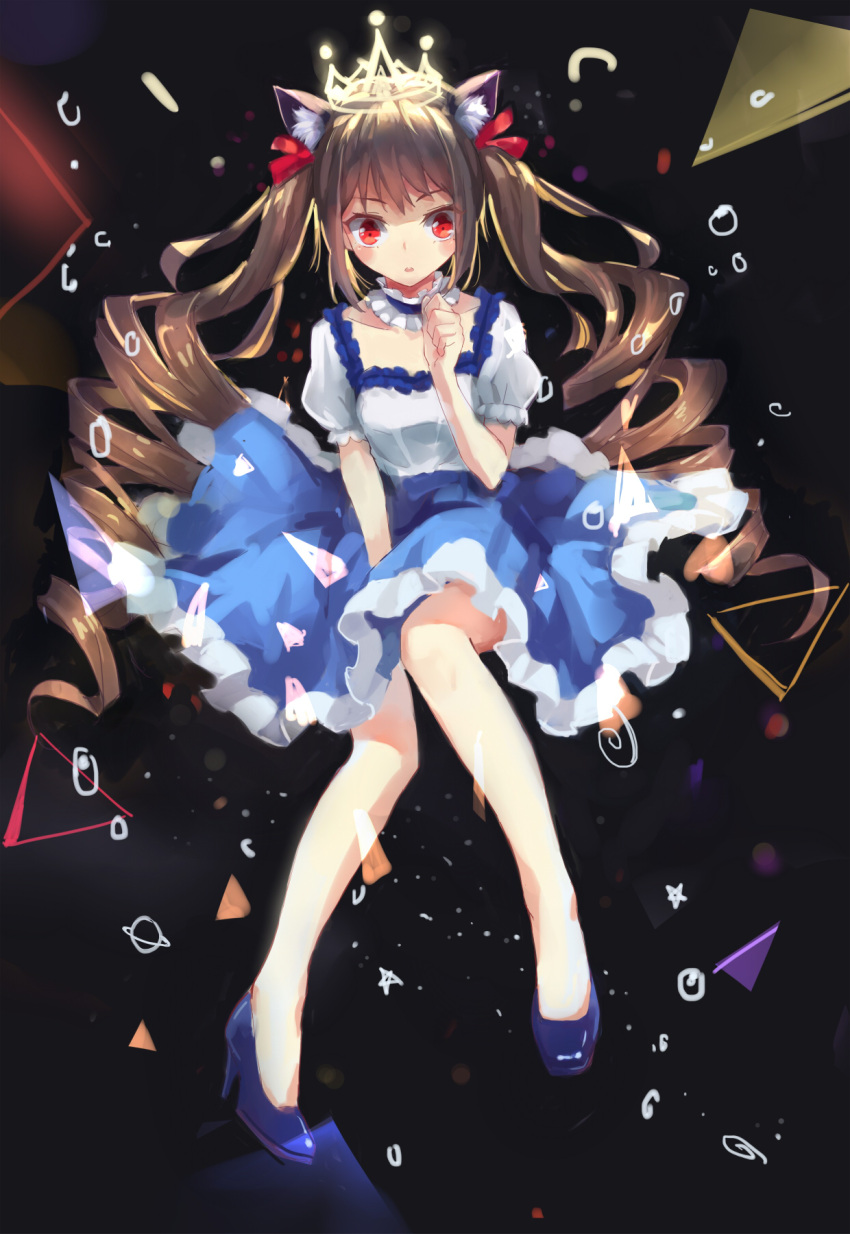 1girl animal_ears bangs blue_shoes breasts brown_hair cat_ears choker clenched_hand collarbone crown dress drill_hair eyebrows eyebrows_visible_through_hair frilled_skirt frilled_sleeves frills hair_ribbon hand_to_own_mouth hand_up hddkwar high_heels highres long_hair long_twintails looking_at_viewer open_mouth original puffy_short_sleeves puffy_sleeves red_eyes red_ribbon ribbon ribbon_choker shoes short_sleeves sidelocks skirt small_breasts solo twin_drills