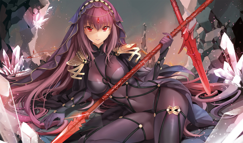 1girl bangs between_breasts bodysuit breasts cave circlet covered_navel crystal fate/grand_order fate_(series) gae_bolg gem glint hair_between_eyes highres holding holding_weapon ice_(ice_aptx) light_particles long_hair looking_at_viewer lying on_ground on_side parted_lips pauldrons polearm purple_hair red_eyes rock scathach_(fate/grand_order) smile solo spear thigh-highs transparent veil very_long_hair weapon