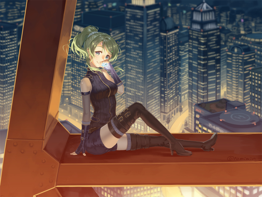 1girl arm_belt ayase_eli bangs bike_shorts black_boots black_gloves blonde_hair blue_eyes boots breasts building cityscape commentary_request elbow_gloves fingerless_gloves from_side gem gloves helipad high_heel_boots high_heels looking_at_viewer love_live! love_live!_school_idol_festival love_live!_school_idol_project medium_breasts night phantom_thief_erichika ponytail scaffolding scrunchie sitting skyscraper sleeveless smile solo swept_bangs thigh-highs thigh_boots thigh_strap tomiwo twitter_username