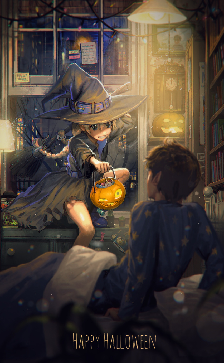 1boy 1girl alarm_clock arm_support bare_tree bed_sheet bedroom black_dress black_hair blue_eyes blurry book bookshelf bow braid broom bubble bucket building cactus candy city clock commentary dark depth_of_field dress eye_contact fish fish_tank hair_bow halloween hat highres holding indoors jack-o'-lantern lamp light light_particles lights lollipop long_hair looking_at_another looking_down night note original outstretched_arm pajamas picture_(object) pillow pine_(yellowpine112) plant potted_plant reaching_out short_hair silver_hair sitting star torn_clothes tree trick_or_treat twin_braids waking_up window witch witch_hat