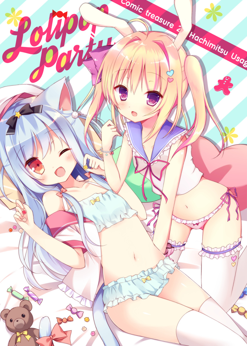 2girls animal_ears black_ribbon blonde_hair blue_hair candy cat_ears cat_tail collarbone fang flat_chest garters hair_ornament hairband heart heart_hair_ornament heart_pillow heart_print highres kiyui_(honey_citron) long_hair multiple_girls navel off_shoulder one_eye_closed open_clothes open_mouth open_shirt original panties pillow pink_panties purple_ribbon rabbit_ears red_eyes red_hairband ribbon shirt side-tie_panties stuffed_animal stuffed_toy tail teddy_bear thigh-highs twintails underwear white_legwear white_shirt