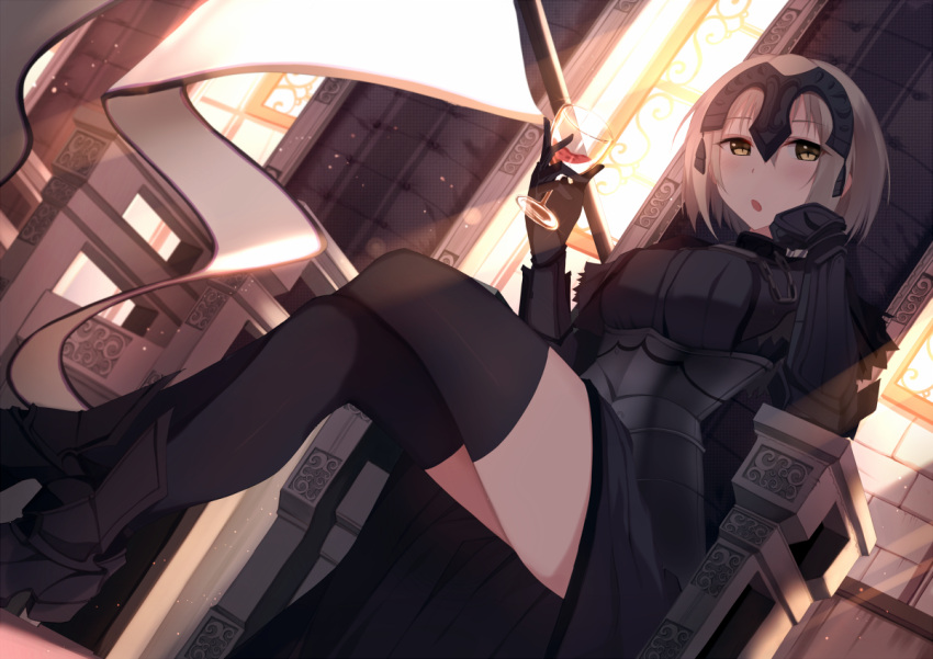 1girl alcohol black_gloves black_legwear blonde_hair commentary_request crossed_legs cup drinking_glass elbow_gloves fate/apocrypha fate/grand_order fate_(series) flag gauntlets gloves headpiece holding_glass janne_d'arc looking_at_viewer looking_down rizky_(strated) ruler_(fate/apocrypha) short_hair sitting solo thigh-highs window wine wine_glass yellow_eyes