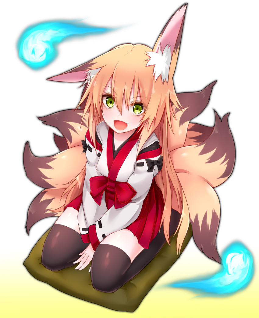 1girl :d absurdres animal_ears black_legwear bow eyebrows eyebrows_visible_through_hair fang fox_ears fox_tail from_above gradient gradient_background green_eyes hair_between_eyes hakama highres hitodama japanese_clothes kyuubi long_hair long_sleeves looking_at_viewer multiple_tails open_mouth orange_hair original pillow red_hakama ribbon-trimmed_sleeves ribbon_trim seiza sitting smile solo sukemyon tail thigh-highs v_arms zettai_ryouiki