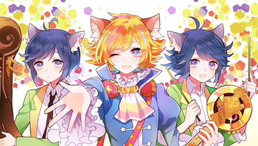 3boys absurdres ahoge animal_ears bisco9skm blonde_hair blue_eyes blue_hair green_eyes highres kai_(show_by_rock!!) looking_at_viewer male_focus multiple_boys open_mouth riku_(show_by_rock!!) show_by_rock!! shu_zo_(show_by_rock!!) smile solo