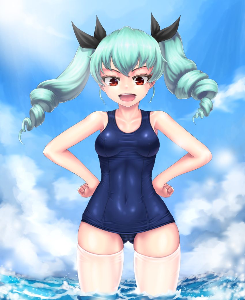 anchovy aqua_hair cloel covered_navel drill_hair girls_und_panzer hands_on_hips highres long_hair looking_at_viewer one-piece_swimsuit open_mouth partially_submerged red_eyes school_swimsuit smile solo swimsuit thigh-highs twin_drills twintails white_legwear