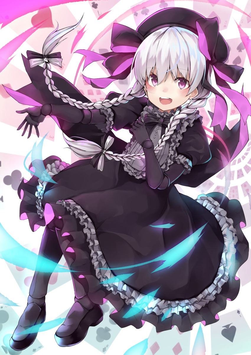 1girl absurdres black_dress braid doll_joints dress fate/extra fate/grand_order fate_(series) full_body hat highres long_hair nursery_rhyme_(fate/extra) open_mouth smile solo twin_braids violet_eyes wachiroku_(masakiegawa86)