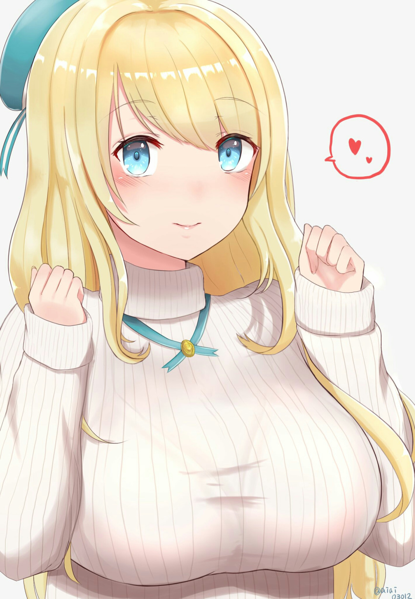1girl aqua_hat atago_(kantai_collection) bangs beret blonde_hair blush bolo_tie bra breasts cleavage clenched_hands closed_mouth eyebrows eyebrows_visible_through_hair hat heart highres kantai_collection large_breasts long_hair long_sleeves looking_at_viewer niko_(aiai03012) ribbed_sweater see-through simple_background solo spoken_heart sweater swept_bangs turtleneck twitter_username underwear upper_body white_background