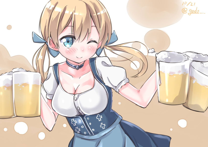 1girl alcohol beer beer_mug blonde_hair blue_eyes blush breasts choker cleavage commentary dated getou hair_ribbon highres kantai_collection low_twintails oktoberfest one_eye_closed prinz_eugen_(kantai_collection) ribbon smile solo twintails twitter_username upper_body