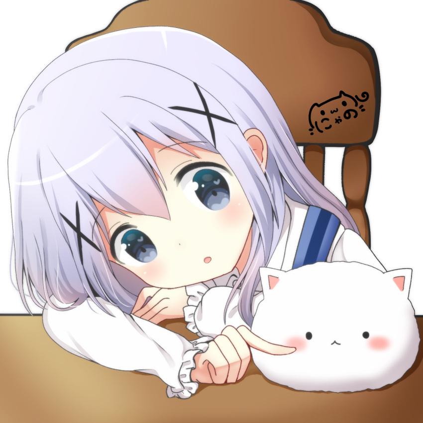 1girl :o angora_rabbit animal bangs blue_eyes blue_vest blush chair cheek_poking commentary_request desk eyebrows_visible_through_hair gochuumon_wa_usagi_desu_ka? hair_between_eyes hair_ornament head_tilt heart_in_eye highres kafuu_chino long_sleeves nyano21 parted_lips poking purple_hair rabbit rabbit_house_uniform shirt tippy_(gochiusa) vest white_background white_shirt x_hair_ornament