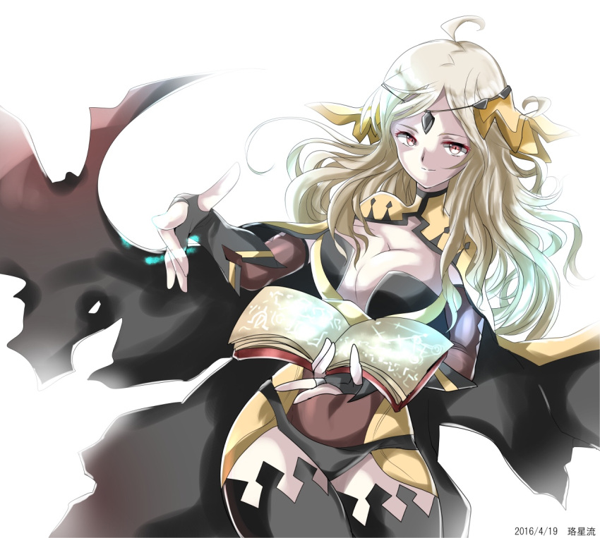 1girl ahoge artist_name artist_request black_cape blonde_hair bodysuit book breasts cape circlet cleavage dated elbow_gloves fire_emblem fire_emblem_if gloves large_breasts long_hair magic ophelia_(fire_emblem_if) runes simple_background thigh-highs thighs torn_cape yellow_cape